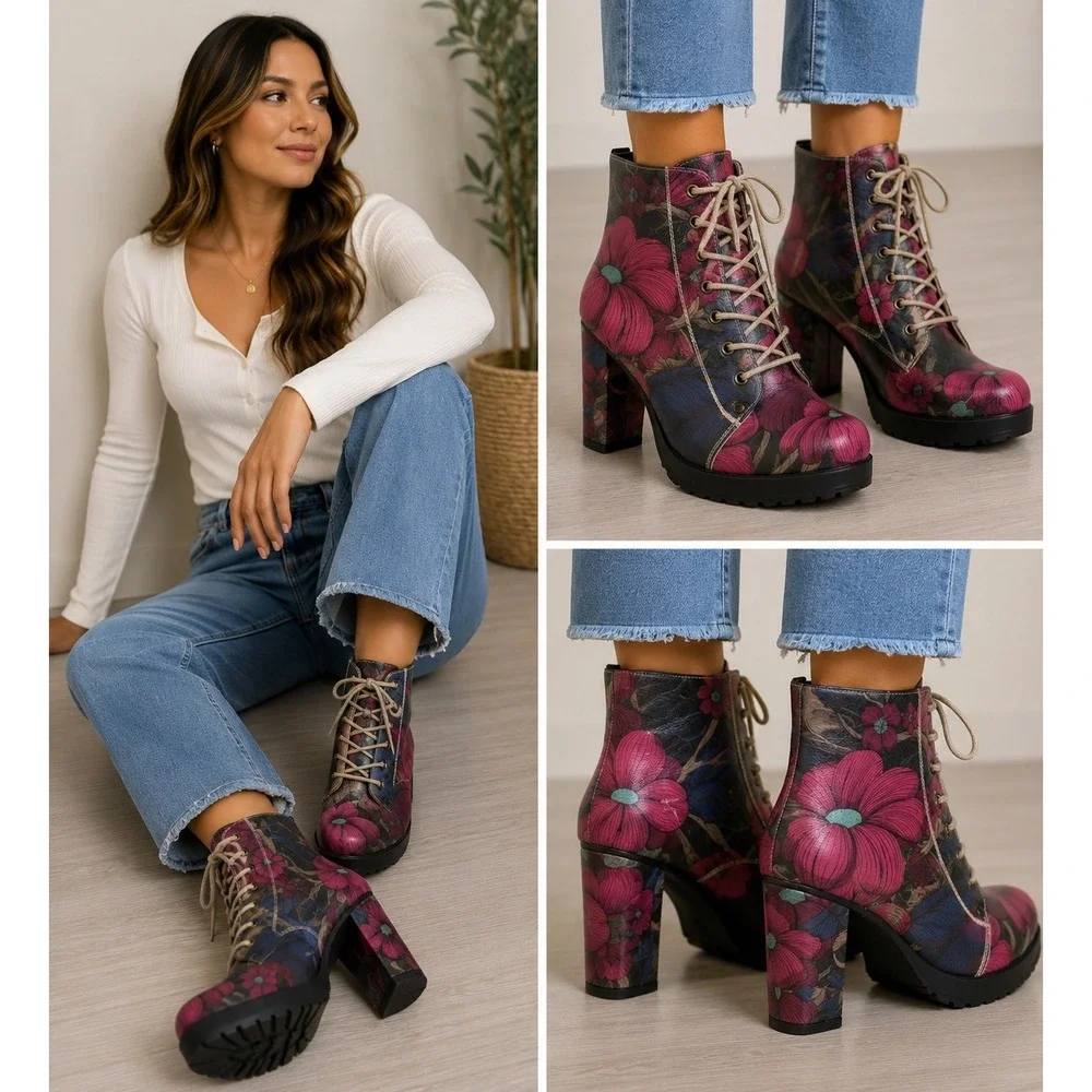 DOGO Floral Lace Up Heeled Ankle Boots Pink Blue Vegan Leather Size 38